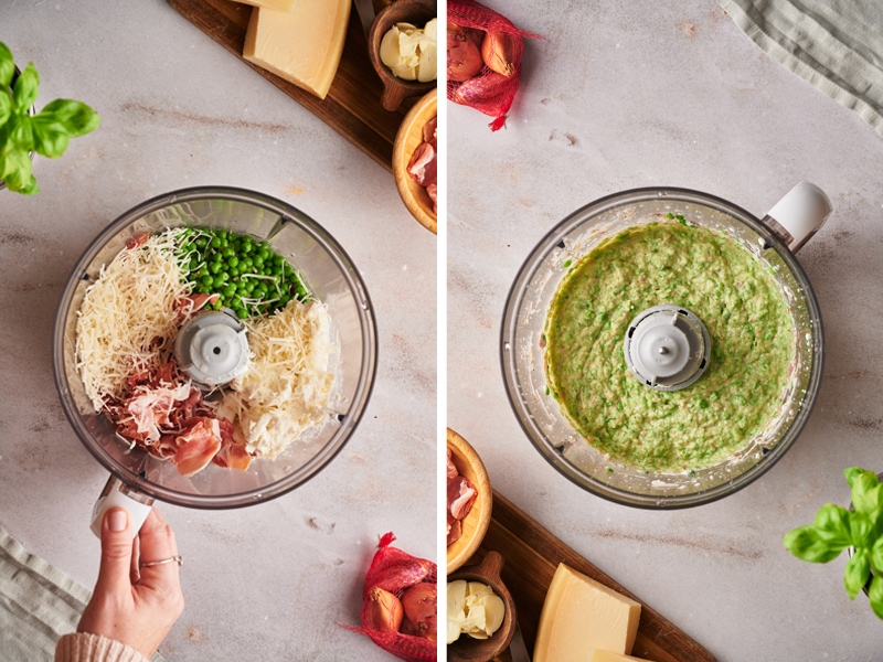 Transfer the cooked peas to a large food processor and then add the ricotta, prosciutto and half the grated Parmigiano Reggiano cheese. Blend the mixture.