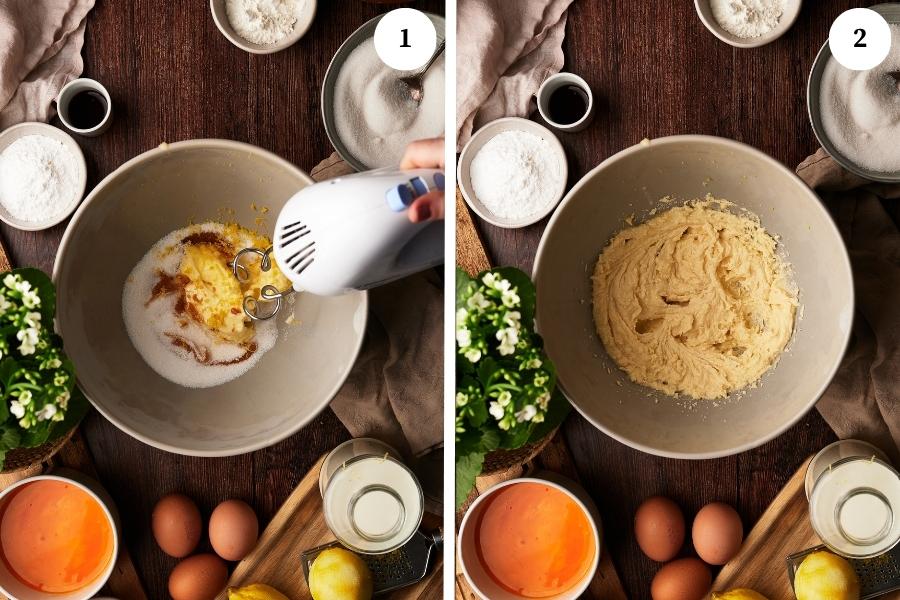 step by step process for making torta della nonna beat the eggs with sugar and flour
