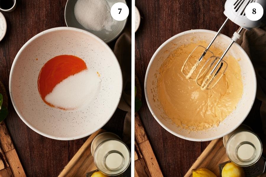 process for making crema pasticcera for torta della nonna, beat the eggs with the sugar until fluffly
