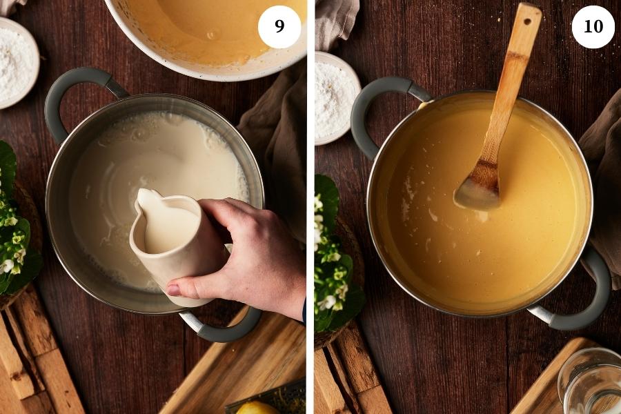 add the milk and the cream in the pot, and than combine the cream mixture