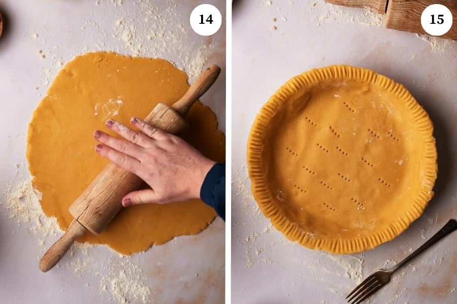 picture of rolling the pasta frolla on a surface with a rolling pin and place the pasta frolla on a baking dish