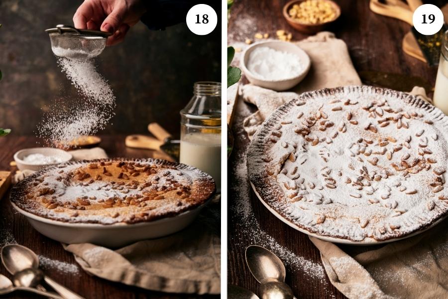 photo of decorating torta della nonna with powdered sugar on top