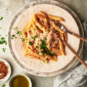 close image of dish with pasta alla vodfka sauce