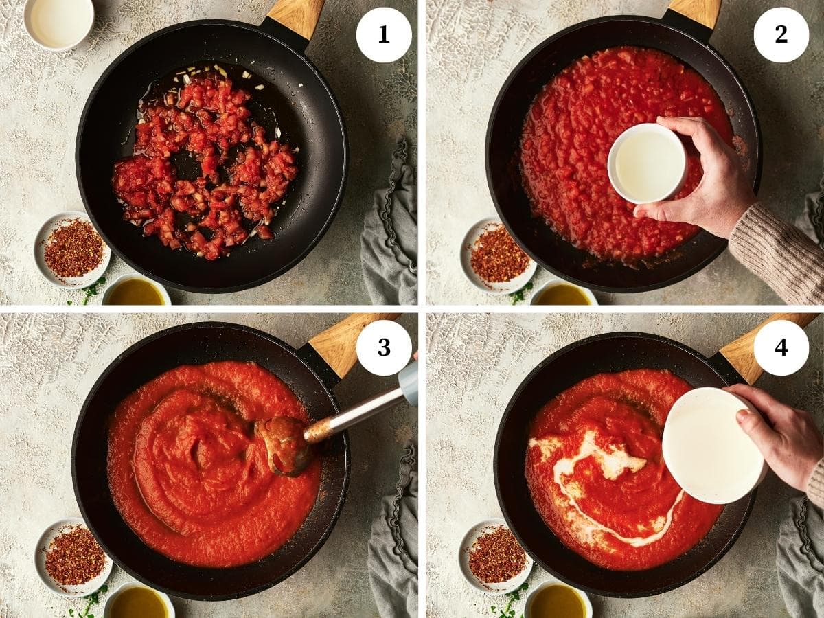 step by step process for pasta with vodka sauce, making the sauce with tomato, and garlic