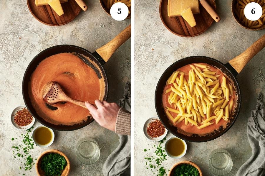 step process for making vodka sauce pasta recipe, mixing the tomato with the heavy cream and add the pasta
