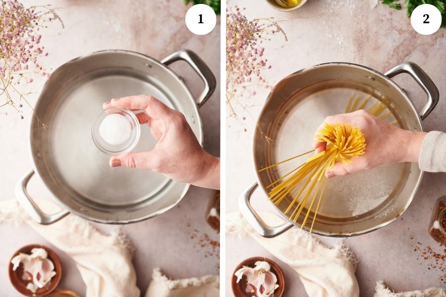process for making pasta aglio e olio, add the salt to the boiling water