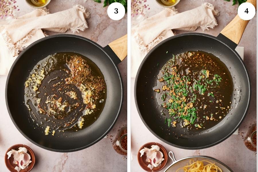 process for making pasta aglio e olio, add the minced garlic and the parsley to a frying pan