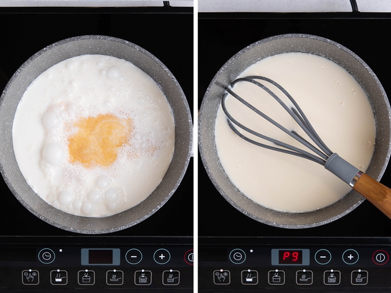 Add the heavy cream, milk, sugar, and vanilla to a saucepan, bring to boil and then whisk the gelatin