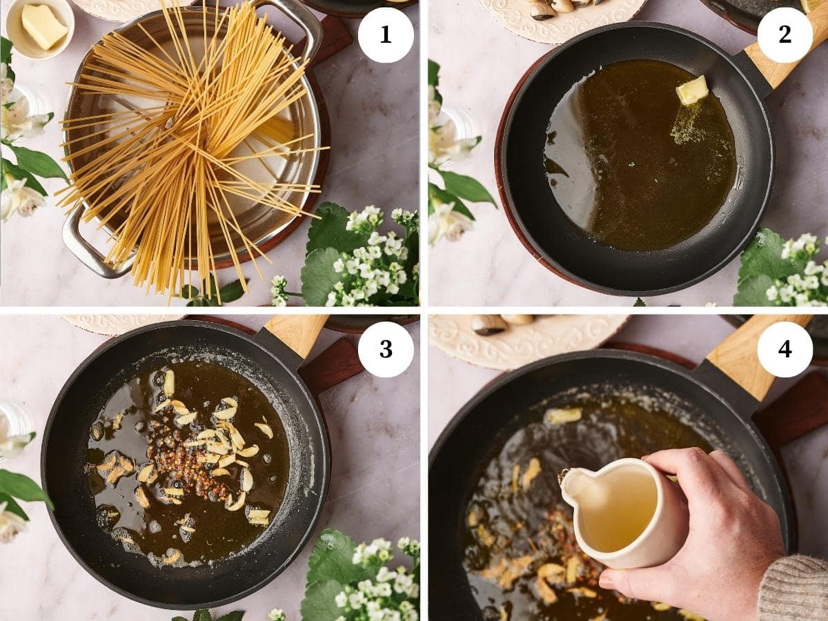 step by step process for making spaghetti alle vongole, toss the pasta in the boiling water, cook the garlic and the red pepper flakes