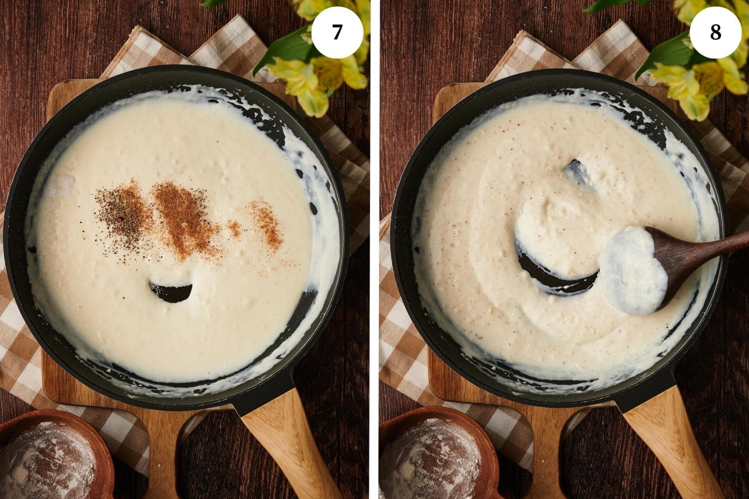 white sauce recipe step by step, incorporate the nutmeg, pepper and salt and continue to mix until the sauce thickens.