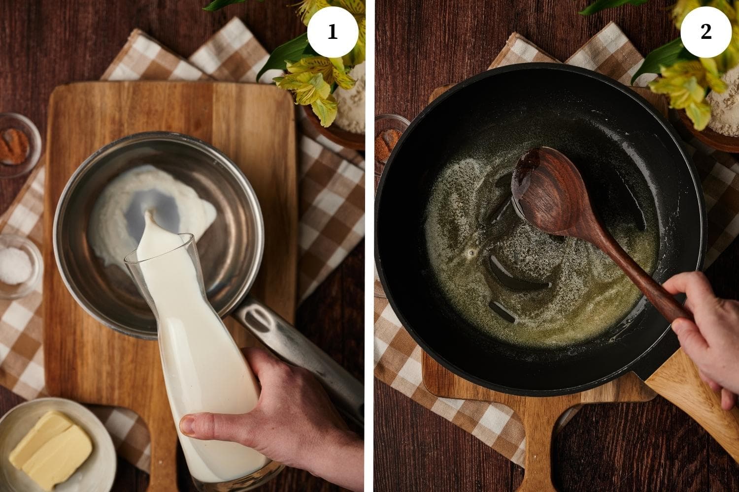 besciamella recipe, add the milk to a saucepan and in an another pan melt the butter