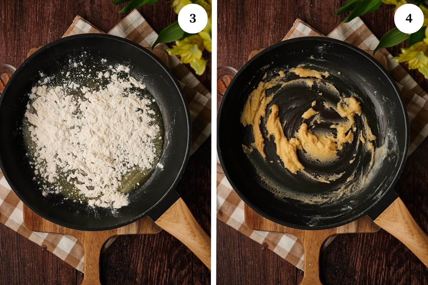 besciamella recipe, add the flour to the pan with the melted butter slowly, and mix until the roux if formed.