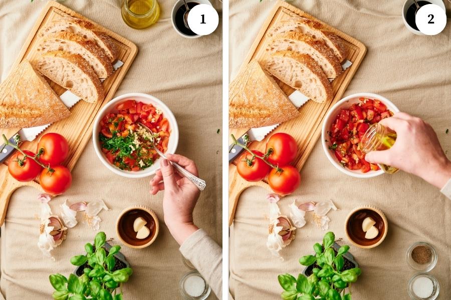 process for making tomato bruschetta, chop and mix tomatoes, garlic and basil and add olive oil.