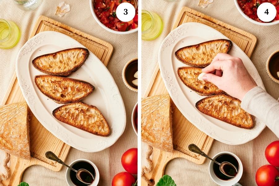 step 2 of making bruschetta bread: toast the bread and rub it with garlic