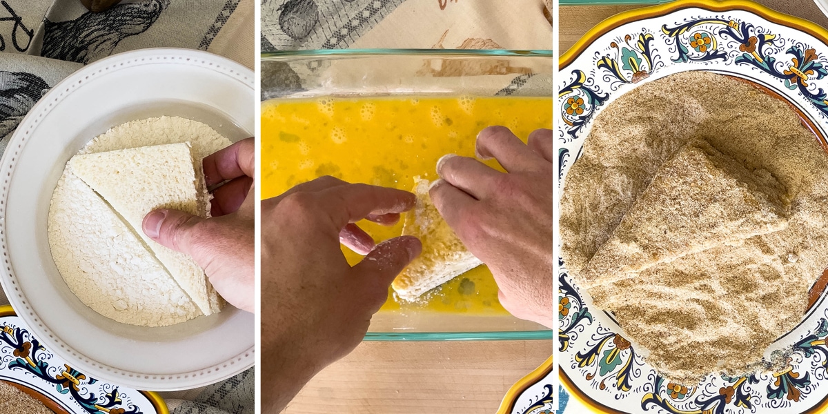 dip the sandwich in the flour then the eggs and then the breadcrumbs