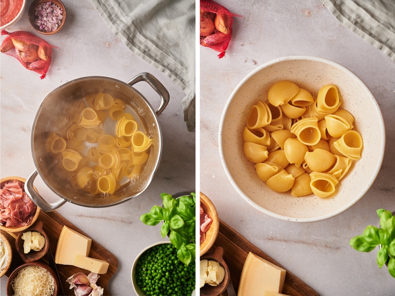 Add the jumbo shells to boiling water, drain and set aside in a bowl with olive oil.