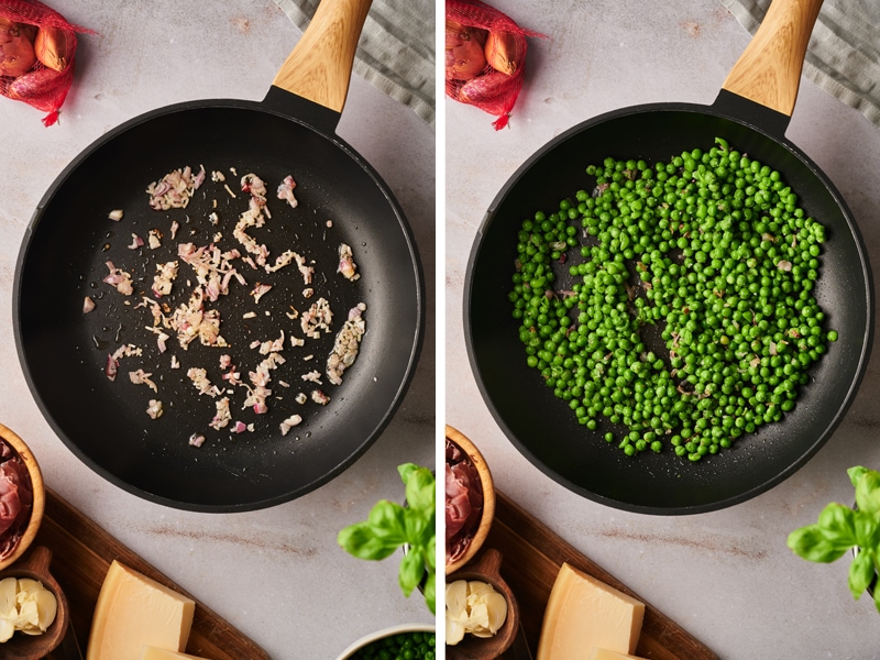 in a saucepan add a few tablespoons of olive oil, add the shallots and cook until translucent. then add the peas and cook.