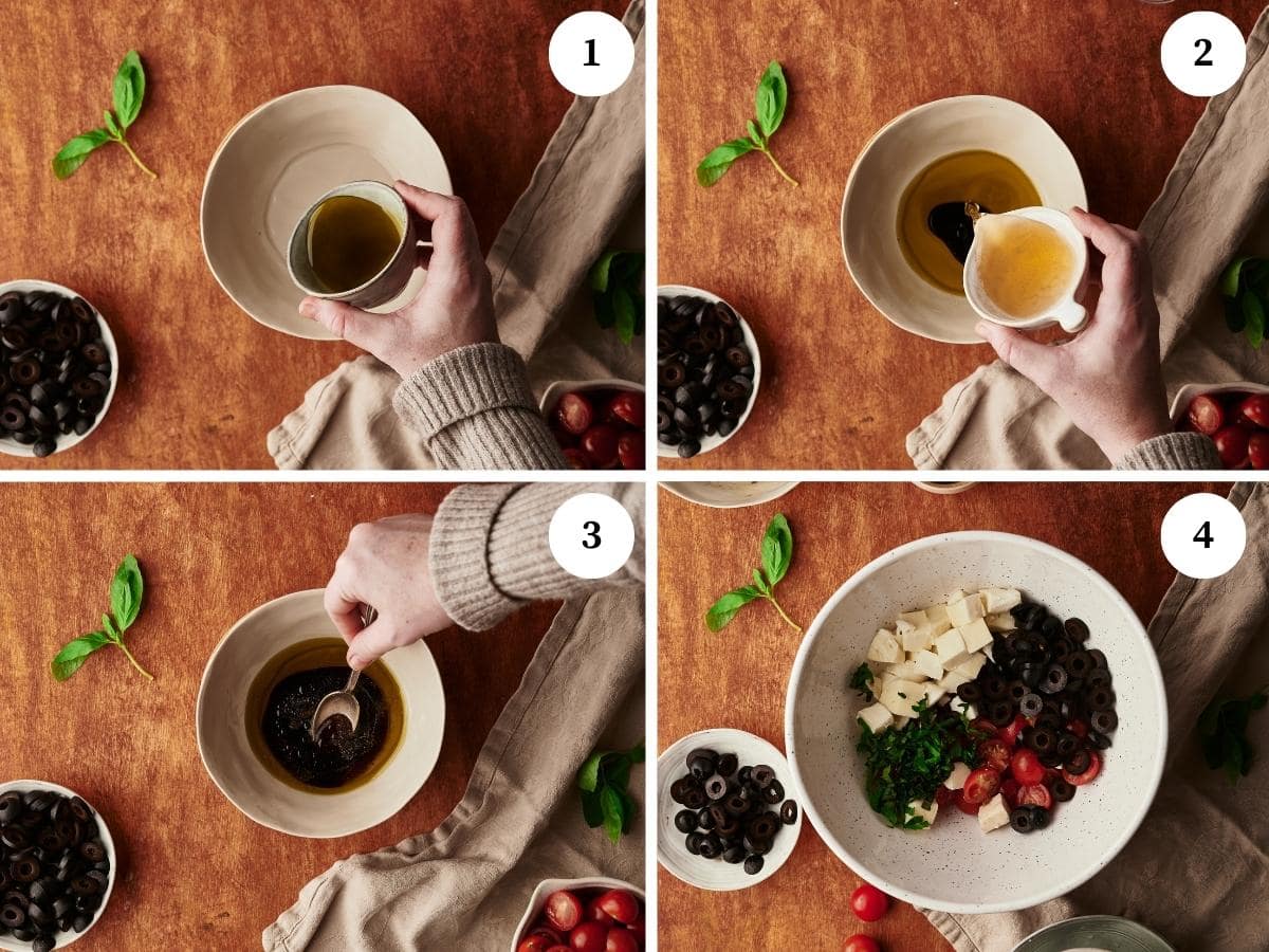 process of making the seasoning for the pasta salad and a bowl with the diced ingredients