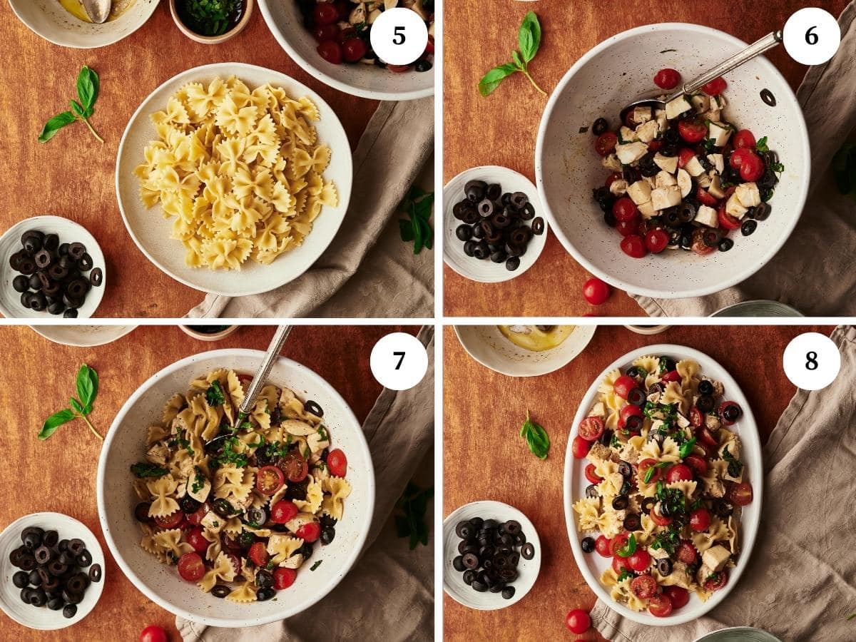 process for caprese making pasta salad, gather the ingredients in the bowl, add the vinagreitte and toss the pasta
