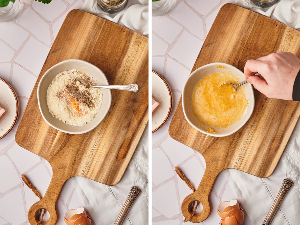 whisk the eggs with the pepper and the pecorino cheese for the carbonara