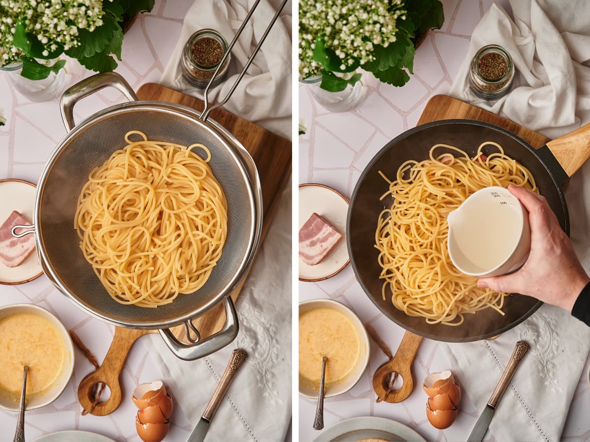 drain the spaghetti, toss them to a saute pan and add 1 cup of pasta water