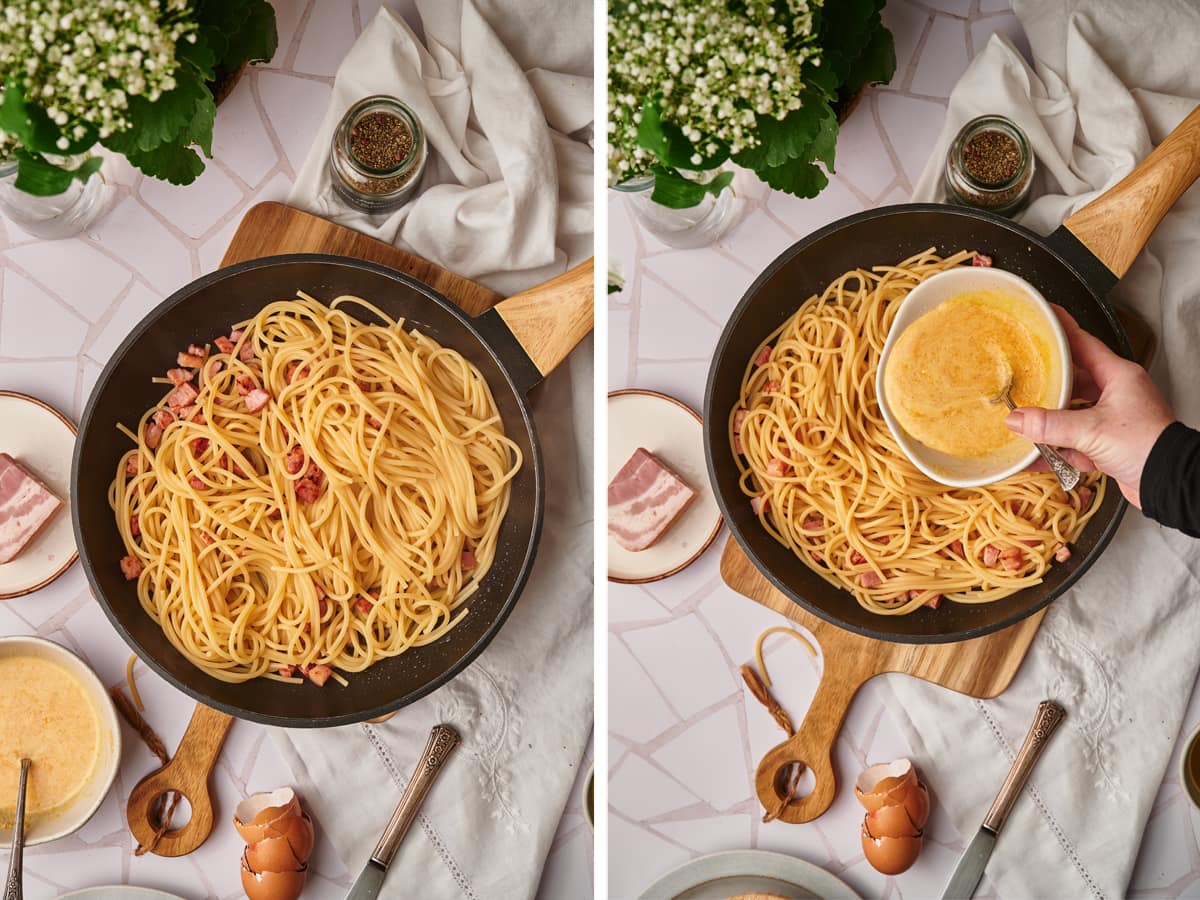add the guanciale with the spaghetti and the egg creamy mixture