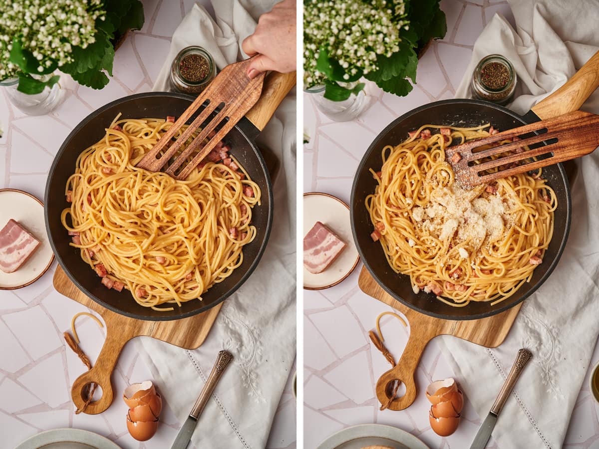 mix the spaghetti pasta with the egg mixture and add the rest of the cheese and the pasta cooking water