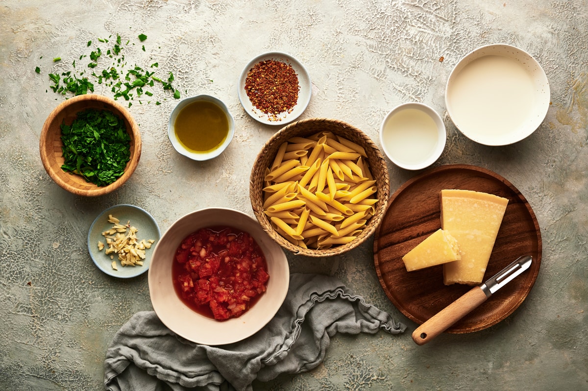 ingredients for vodka sauce recipe on a table