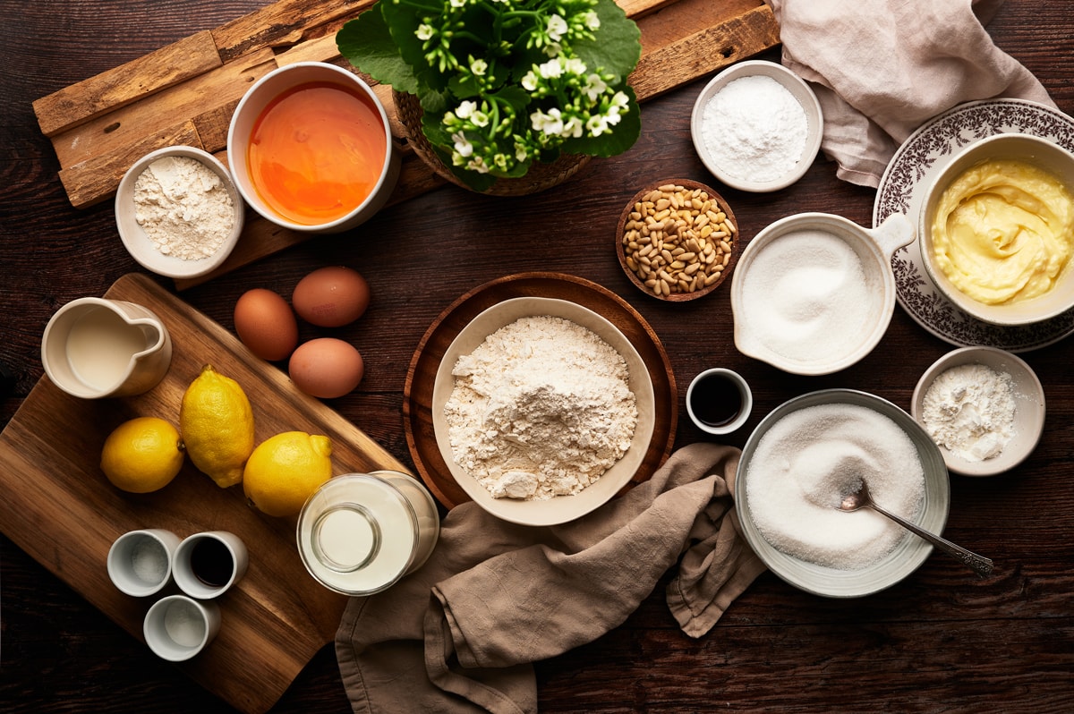 ingredients for torta della nonna prepared on a table