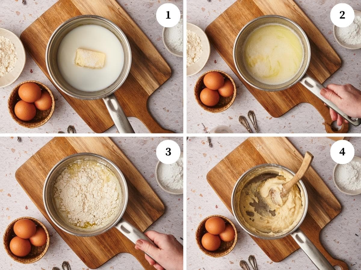 images showing step by step process for making zeppole: mixing the butter, milk, water, salt until the butter is melted, then add the flour and mix until smooth and creamy.