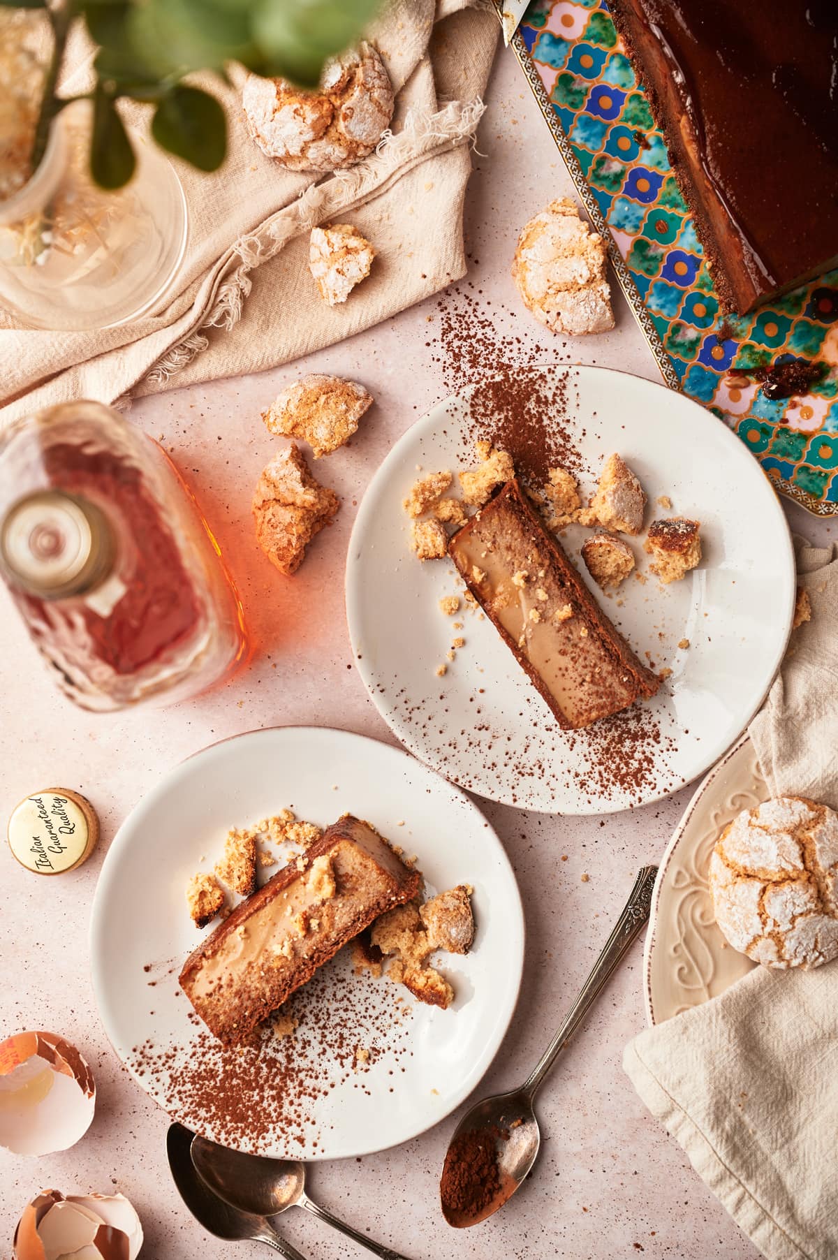 two pieces of bonet dessert on serving plates