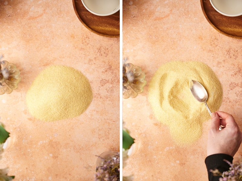 homemade cavatelli process, place the semolina flour and form a well