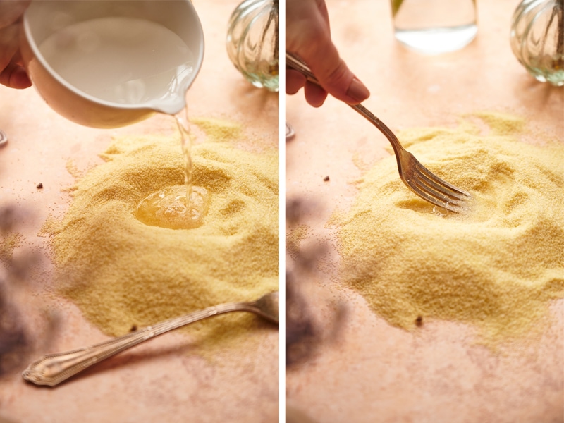 homemade cavatelli process, pour the warm water and mix with a form or your fingers