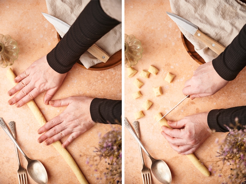 homemade cavatelli process, roll the piece of pasta dough and cut piece of dough 
