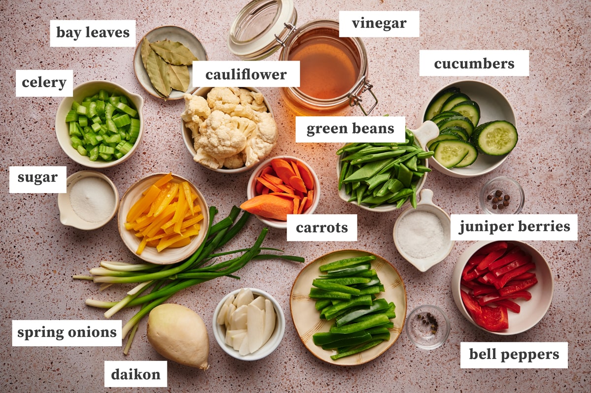 ingredients for homemade giardiniera on a table