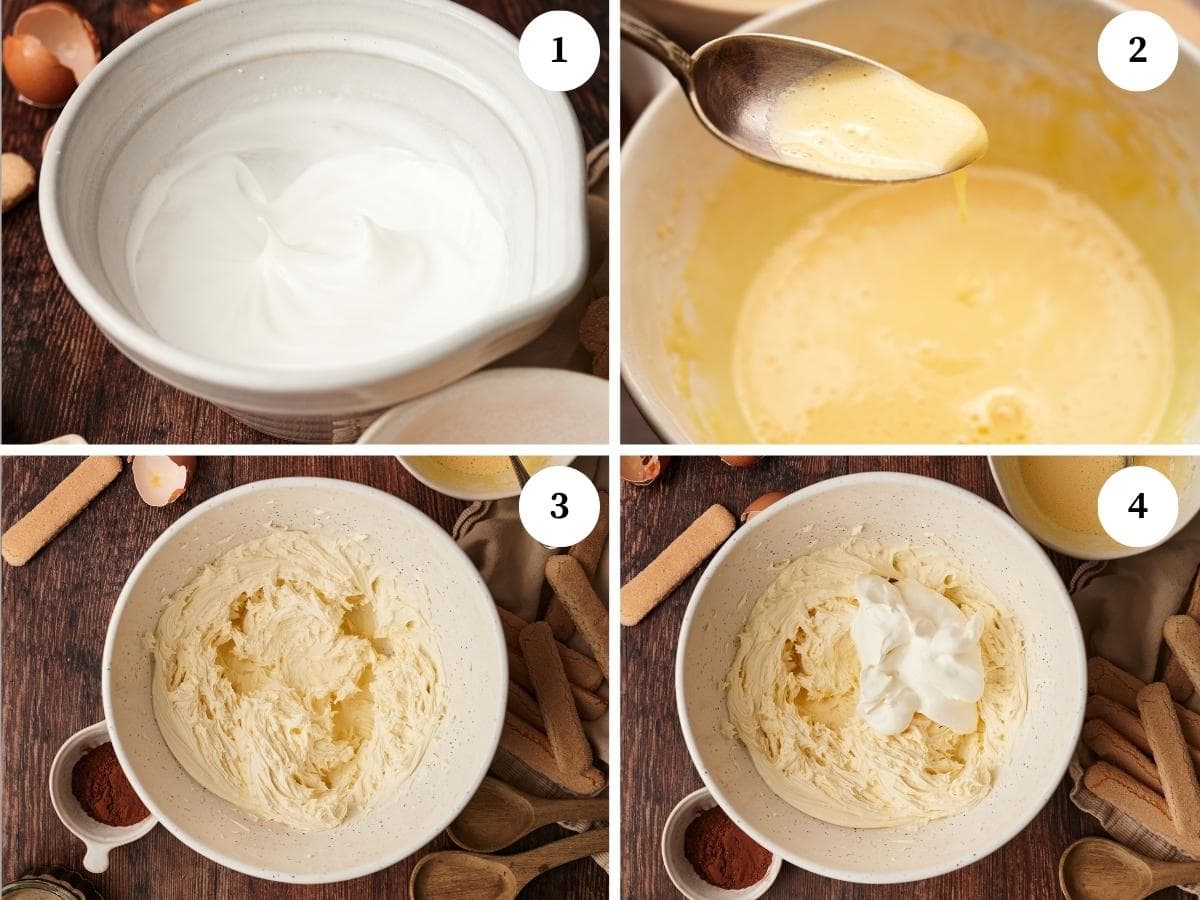 step-by-step process for making tiramisu cake: mount the egg whites, beat the eggs and fold it in the mascarpone cheese