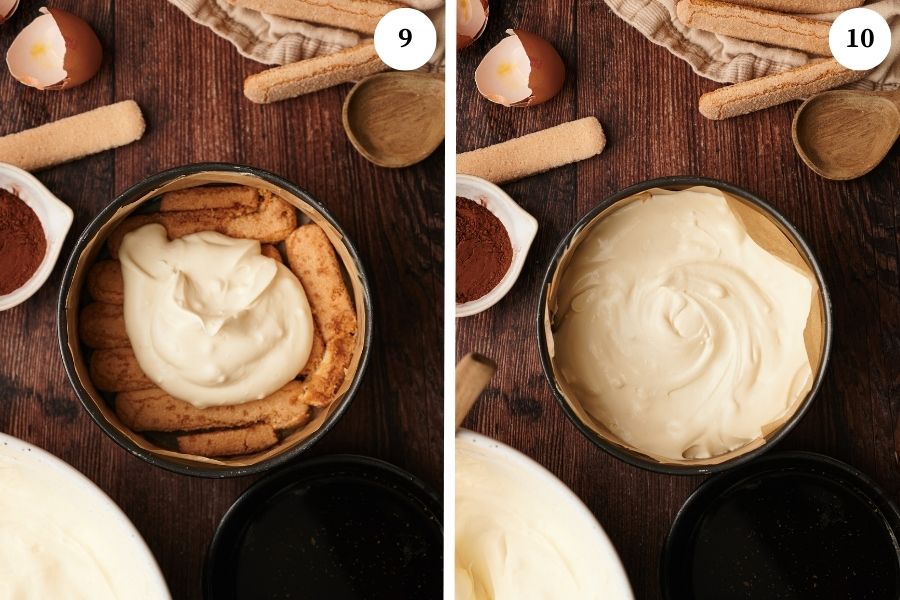 step-by-step process for making tiramisu cake: add the ladyfingers on the cake pan and spread the mascarpone cream