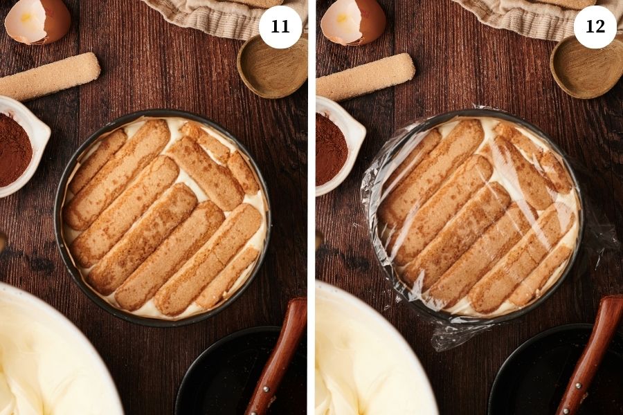 step-by-step process for making tiramisu cake: finish adding the ladyfingers cookies in the cake pan, then cover with plastic wrap.