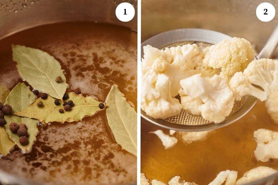 steps for making homemade giardiniera, add the water and the juniper berries with bay leaves, cooks the cauliflower