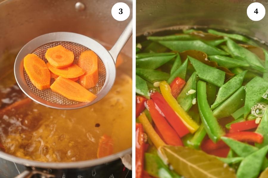 steps for making homemade giardiniera, cook the carrots, the green beans and the bell peppers