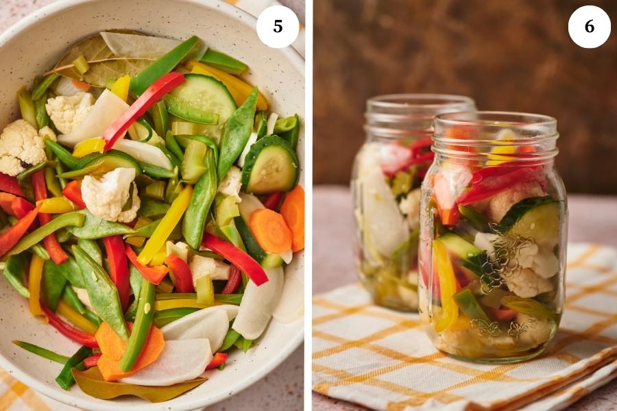 steps for making homemade giardiniera, mix all the vegetables and add them to the cans leaving 1 cm from the top