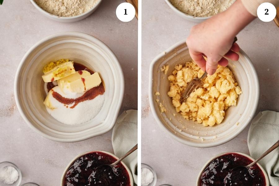 step by step ingredients of making homemade crostata recipe. Put the butter, flour, sugar, baking powder, salt and vanilla extract in a baking bowl. Then mix it with a fork.