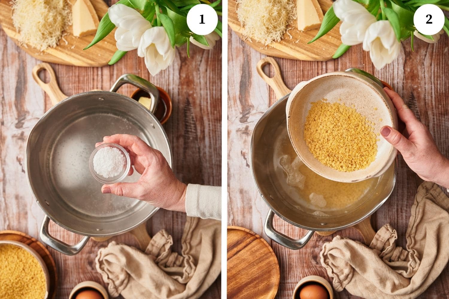 step by step instructions for making cheesy pastina: boil the water, add salt and add the pastina