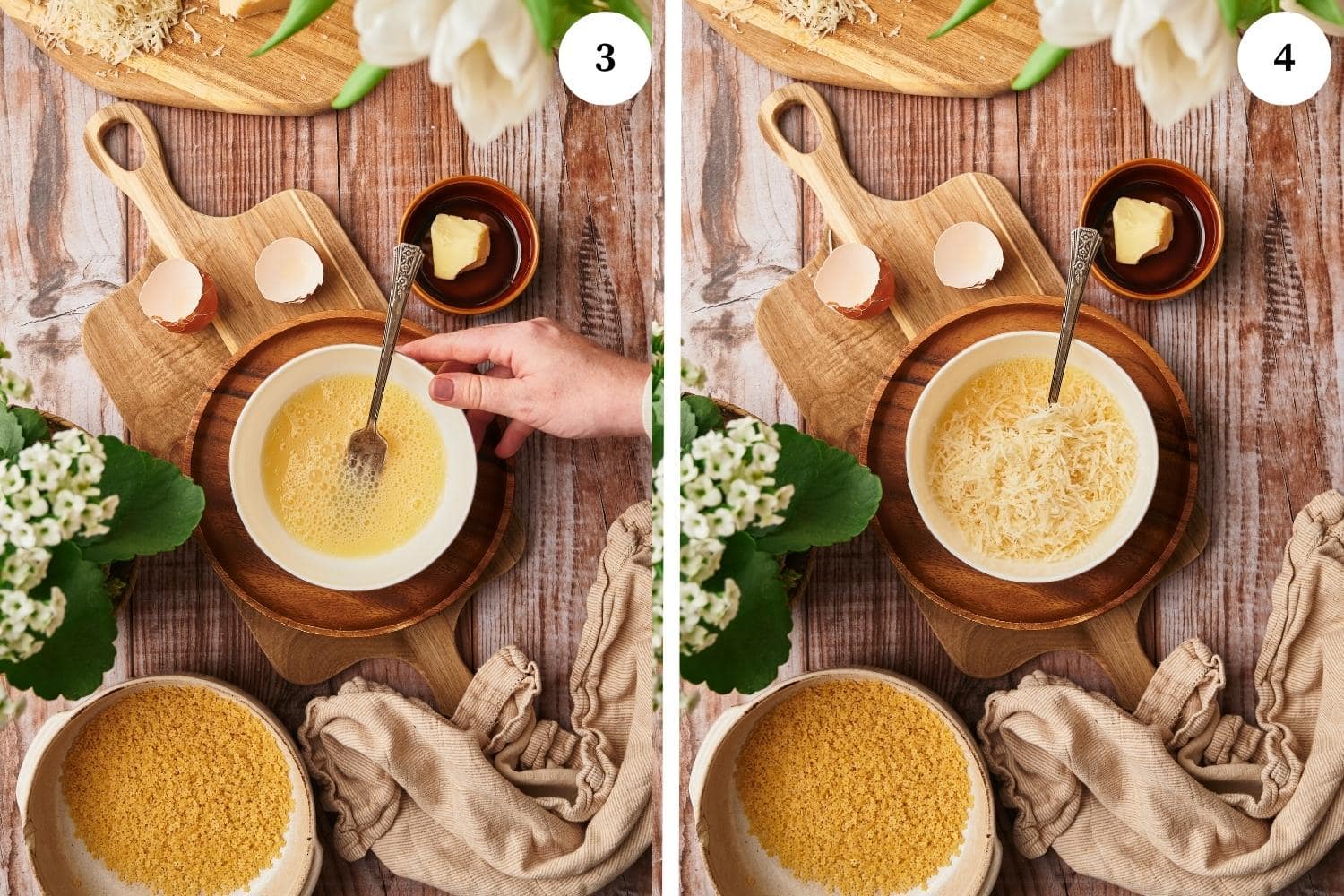 step by step instruction for pastina recipe. In a bowl beat the egg, add a cup of pasta water then add the parmesan cheese