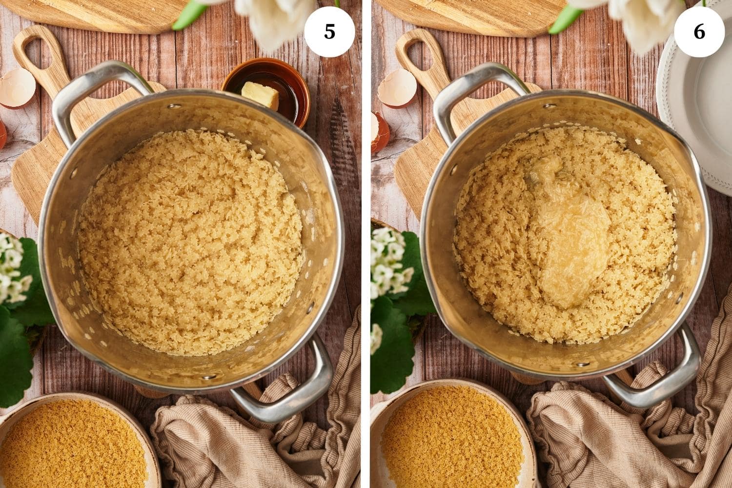 step by step ingredients for making pastina. drain the pasta, then pour it back into the pot and add the butter and the egg mixture, mixing gently at low heat.