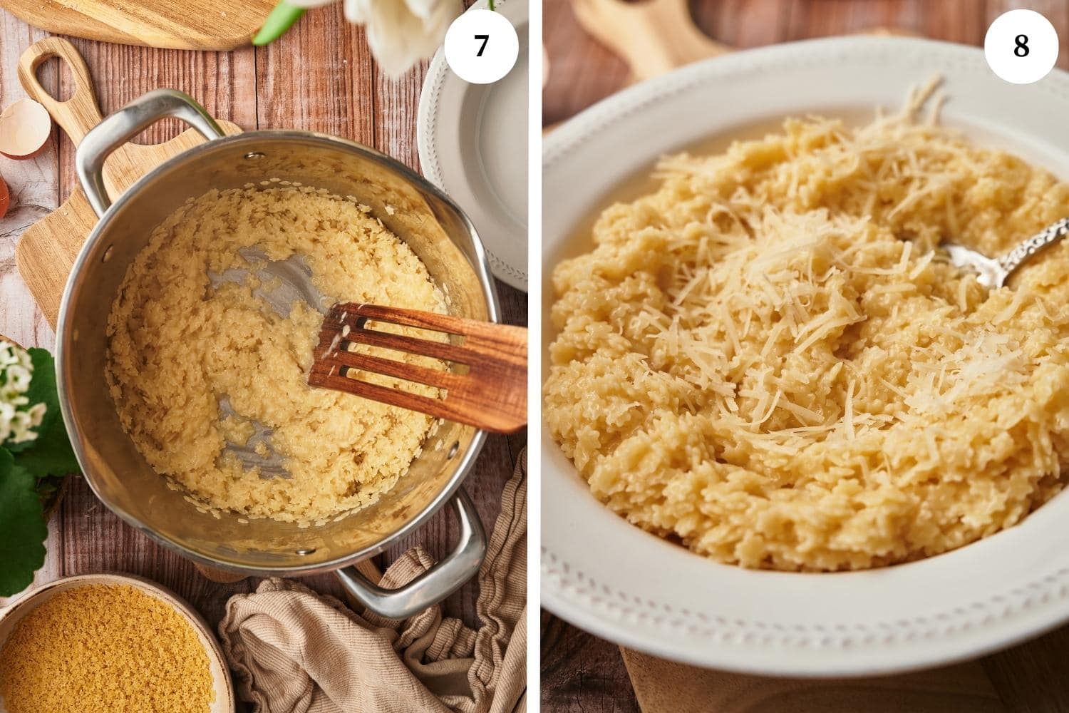 pastina step by step, continue to mix the pastina then serve on a plate with parmesan on top