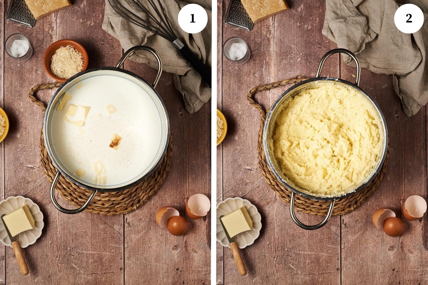 step by step process for making gnocchi alla romana, prepare the milk in a sauce pan with butter and then add slowly the semolina