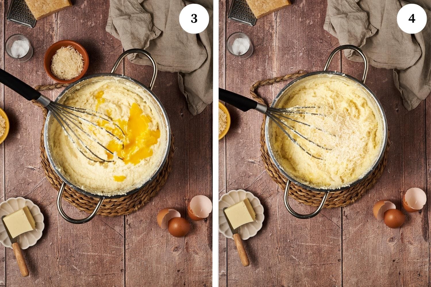 gnocchi alla romana step bu step, add the beaten eggs and the parmigiano reggiano in the semolina mixture