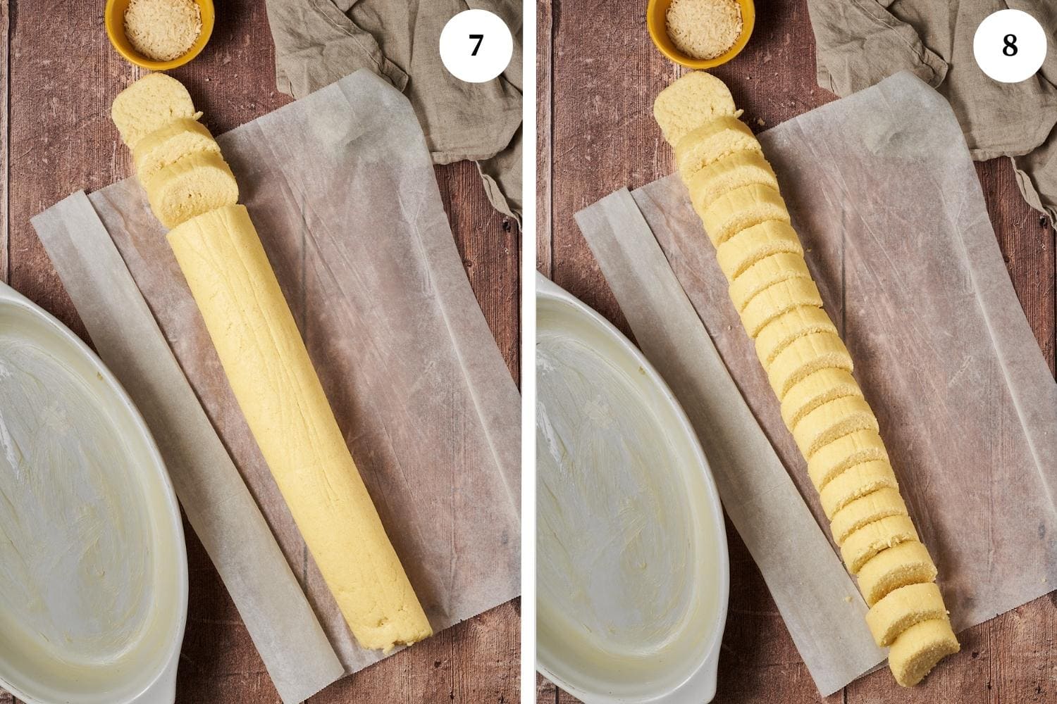 cut the semolina sausage roll into 1 inch discs