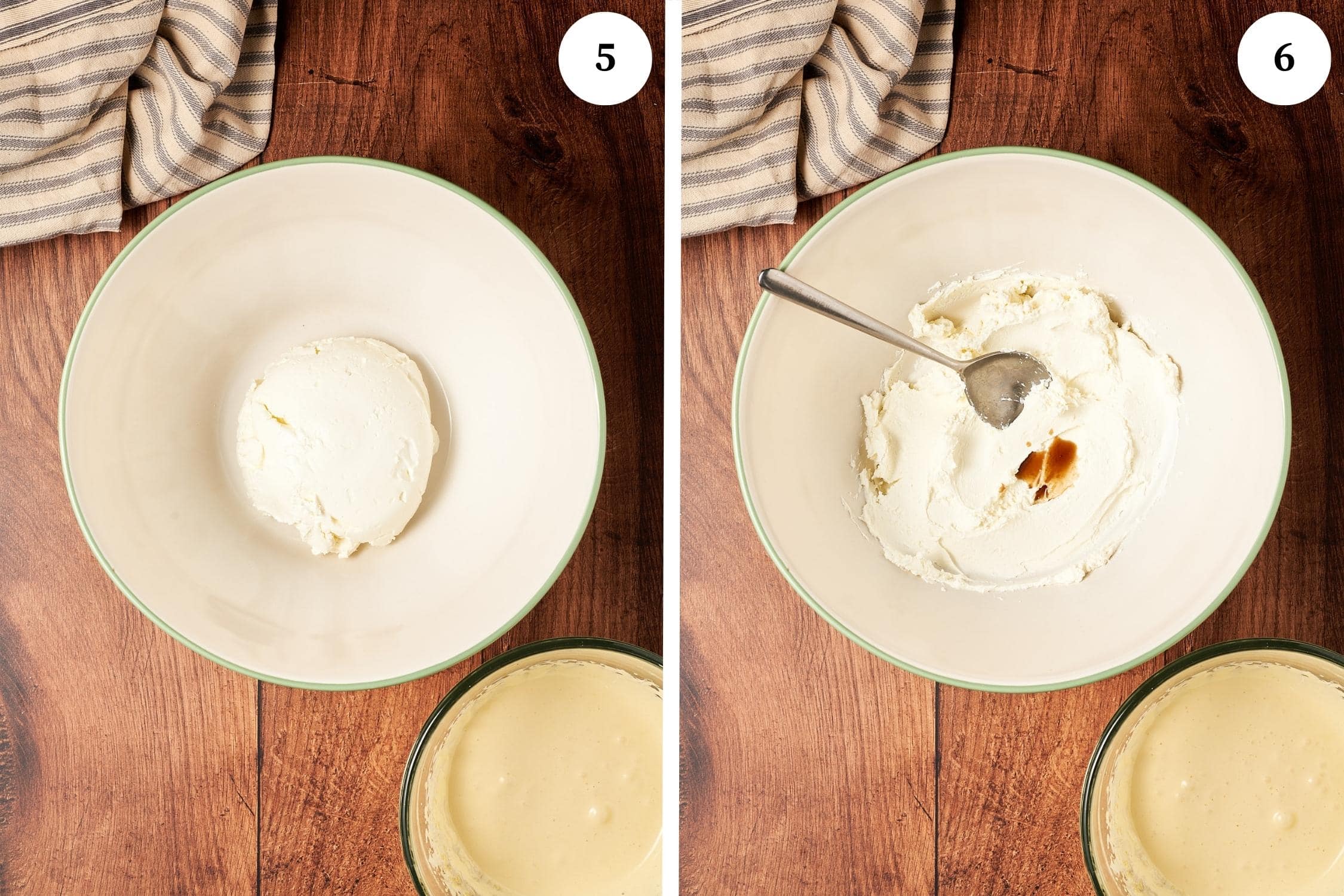 step by step instructions for making mascarpone cream, add the mascarpone cheese in a bowl and then pour some vanilla extract